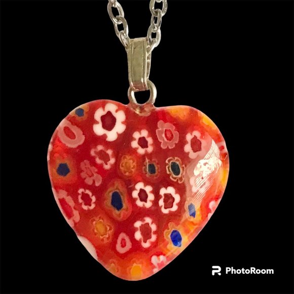 Orange Murano Glass Heart Necklace Millefiori Flowers Vintage Stainless Steel 18 - Picture 2 of 12